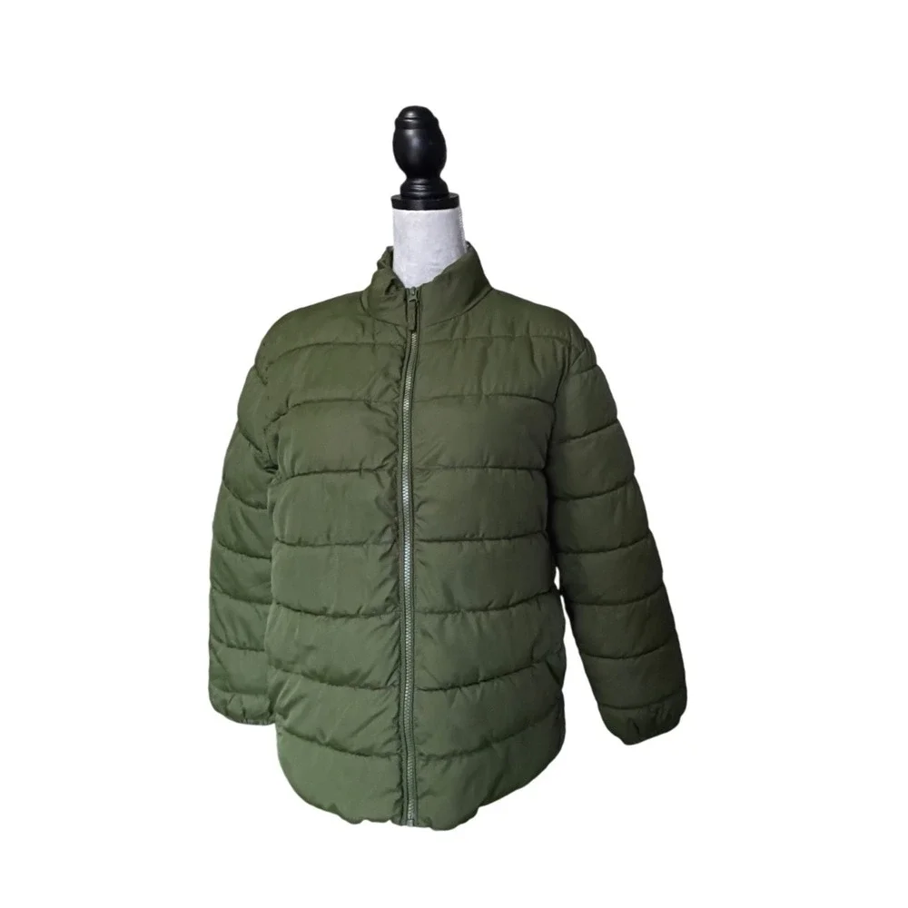 The Childrens Place Kids XXL 16 Olive Green Puffer Jacket Full Zip Mock Neck